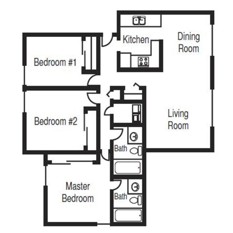 Floor plan for 3 beds, 2 baths, 1200 sqft